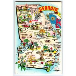 Greetings From Georgia Map Postcard State Postcard Chrome 1978 Flag Bird Flowers